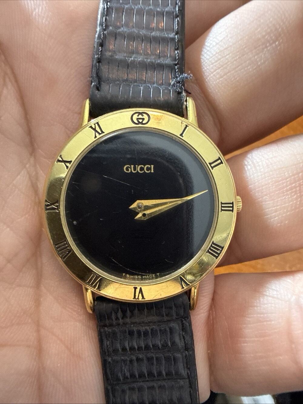 GUCCI Authentic 3000.2.M Quartz Men's Watch Gold Dial Vintage 33mm Swiss Repair